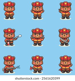 Vector Illustration of Bear cartoon with Firefighter costume. Set of cute bear characters. funny bear isolated on a white background.