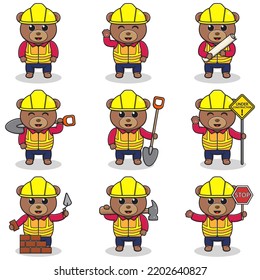 Vector illustration of Bear character at construction site. Construction workers in various tools.Cartoon Animal characters in hard hat working at building site vector.