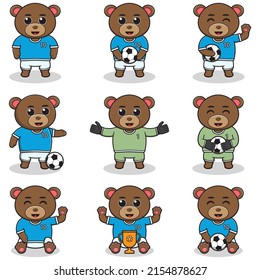 Vector illustration of Bear characters playing soccer. Cute Bear mascot playing football. Vector illustration bundle.