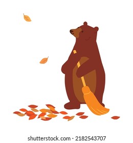 Vector illustration of Bear cleaning fallen leaves.