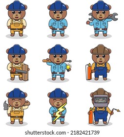 Vector illustration of Bear Construction, builder, electrician, welder and handymen cartoon. Cute Bear engineers workers, builders characters isolated cartoon illustration.