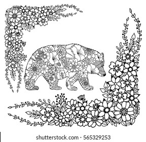 Vector illustration bear contour consisting from flowers in the frame. Work done by hand. Book Coloring anti-stress for adults and children. Black and white.