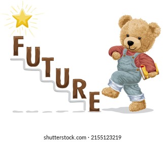 vector illustration of bear doll carrying book walking on text stairs to reach golden star