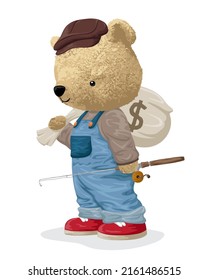 Vector Illustration Of Bear Doll Carrying Money Bag While Holding Fishing Tackle