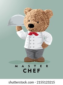 vector illustration of bear doll in chef costume with platter