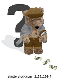 Vector Illustration Of Bear Doll In Detective Costume Holding Magnifying Glass With Money Scattered On The Ground