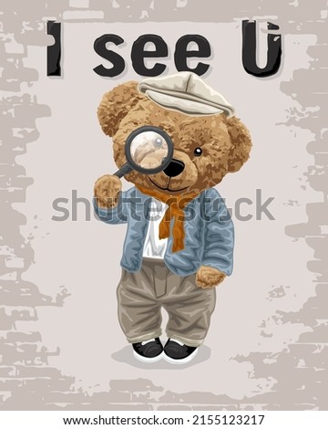 vector illustration of bear doll in detective costume holding magnifying glass