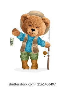 Vector Illustration Of Bear Doll In Fisherman Costume Holding Fishing Tackle With Money