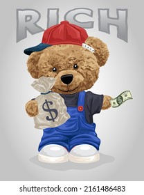 Vector Illustration Of Bear Doll Holding Money Bag