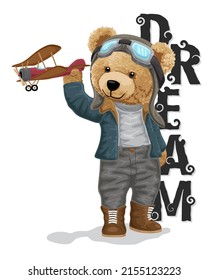 vector illustration of bear doll in pilot costume holding airplane toy