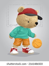 Vector illustration of bear doll playing basketball