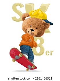 Vector illustration of bear doll playing skateboard