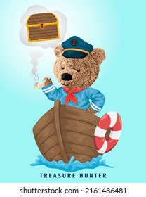 Vector illustration of bear doll in sailor costume on boat dreaming treasure chest