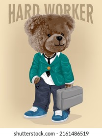 Vector illustration of bear doll in suit holding suitcase