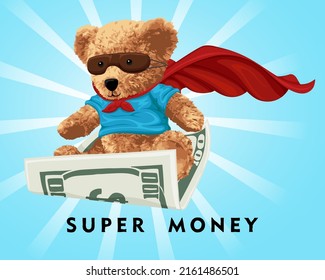 Ilustración vectorial de la muñeca de oso con traje de superhéroe que vuela sobre alfombra de dinero