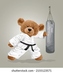 vector illustration of bear doll wearing karate costume hitting punching bag