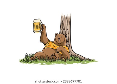 ilustración vectorial de un oso bebiendo cerveza bajo un árbol. Increíble mascota para logo o camiseta.