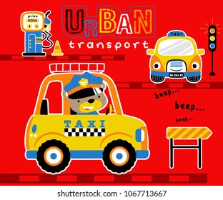 Vector illustration of bear driving taxi, traffic elements cartoon