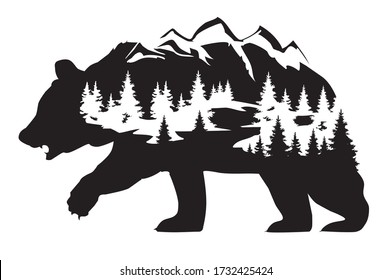 vector illustration of a bear fantasy background. bear with mountains and forest silhouette. wilderness, nature abstract.