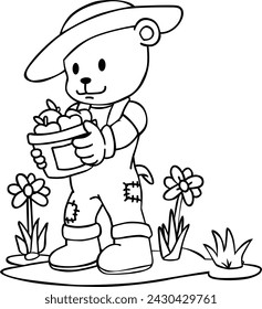 a vector illustration of bear farmer a basket of apples