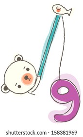 Vector illustration of a bear fishing out number nine