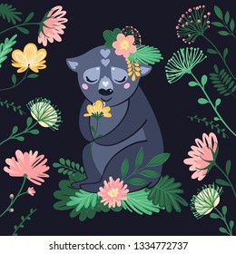 Vector illustration with bear and flowers