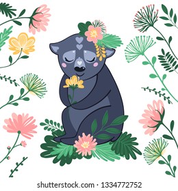 Vector illustration with bear and flowers