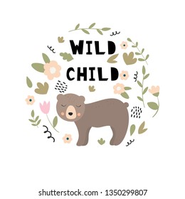 Vector illustration with bear, flowers, leaves and branches.  Design for  cards, posters, cards, t-shirts, book, textile.