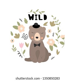 Vector illustration with bear, flowers, leaves and branches.  Design for  cards, posters, cards, t-shirts, book, textile.