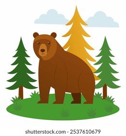 Vector illustration of a bear in the forest on white background