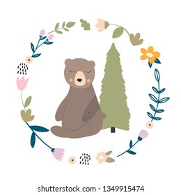 Vector illustration with bear, frame of  flowers, leaves and branches.  Design for  cards, posters, cards, t-shirts, book, textile.