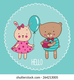 vector illustration of a bear with a gift and bunny with blue balloon