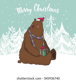 Vector illustration of bear with gift. Christmas greeting card