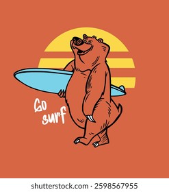 VECTOR ILLUSTRATION BEAR GO SURFING SUMMER DAY