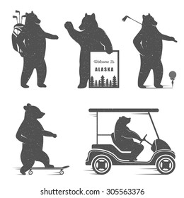 Vector Illustration Bear Golf, Skate on a white background. Bear Symbol for T-shirts print, labels, badges, stickers and logos