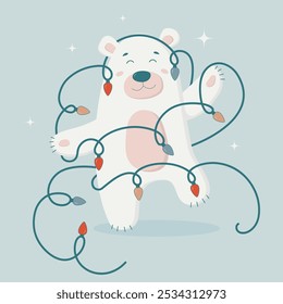 Vector illustration of a bear got entangled in the garland.