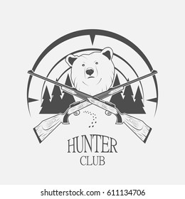 Vector illustration of bear and gun. Hunter club.