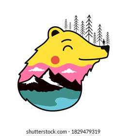 Vector illustration with bear head, colored mountain landscape, pine trees and man silhouette. Trendy print design with wild animal, travel concept art