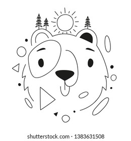 Vector illustration with bear head, pine trees, sun and abstract geometric elements. Apparel print design, emblem, badge template, modern trendy home decoration poster with wild animal