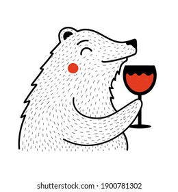 Vector illustration with bear holding glass of red wine. Funny red, black and white print design with wild animal