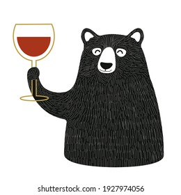 Vector illustration of bear holding glass of red wine. Party flyer template design, bar wall decoration poster, alcohol lover apparel print