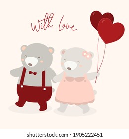 vector illustration of bear holding hand with balloons with love illustration. two bear holding hands. flat design mouse. animal wallpaper.