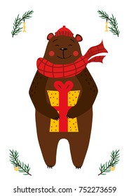 Vector illustration of the bear holding his christmas gift.