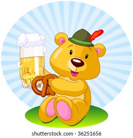 A vector illustration of a bear holding a pint of beer and pretzel