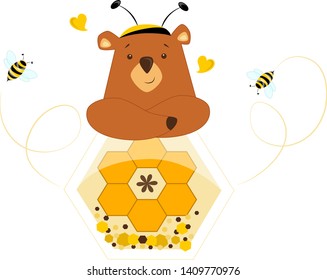 Vector illustration of a bear with honeycombs and bees