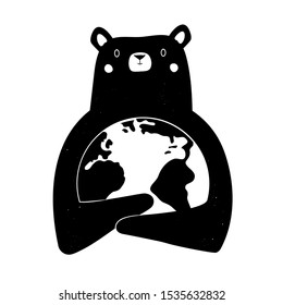 Vector illustration with bear hugging earth planet globe. Happy Earth Day poster. Eco friendly art. Earth hour concept. World environment day design. Save the earth print with wild animal