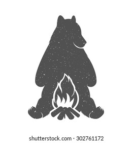 Vector Illustration Bear Hunter with campfire on a white background. Bear Symbol Can be used for T-shirts print, labels, badges, stickers and logotypes