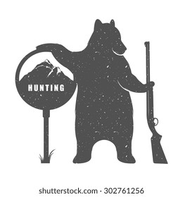 Vector Illustration Bear Hunter with Gun and Sign Hunting on a white background. Bear Symbol Can be used for T-shirts print, labels, badges, stickers and logotypes