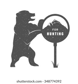 Vector Illustration Bear Hunter with Gun and Sign Hunting on a white background. Bear Symbol Can be used for T-shirts print, labels, badges, stickers and logotypes