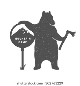Vector Illustration Bear Hunter with Sign Mounting Camping on a white background. Bear Symbol Can be used for T-shirts print, labels, badges, stickers and logotypes
